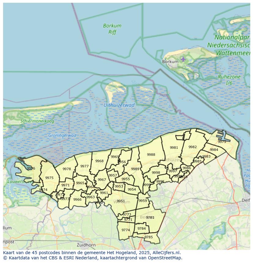 Afbeelding van de postcodes in de gemeente Het Hogeland op de kaart.