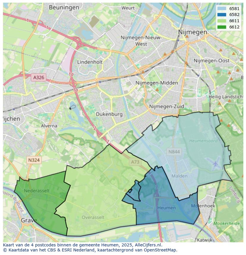Afbeelding van de postcodes in de gemeente Heumen op de kaart.