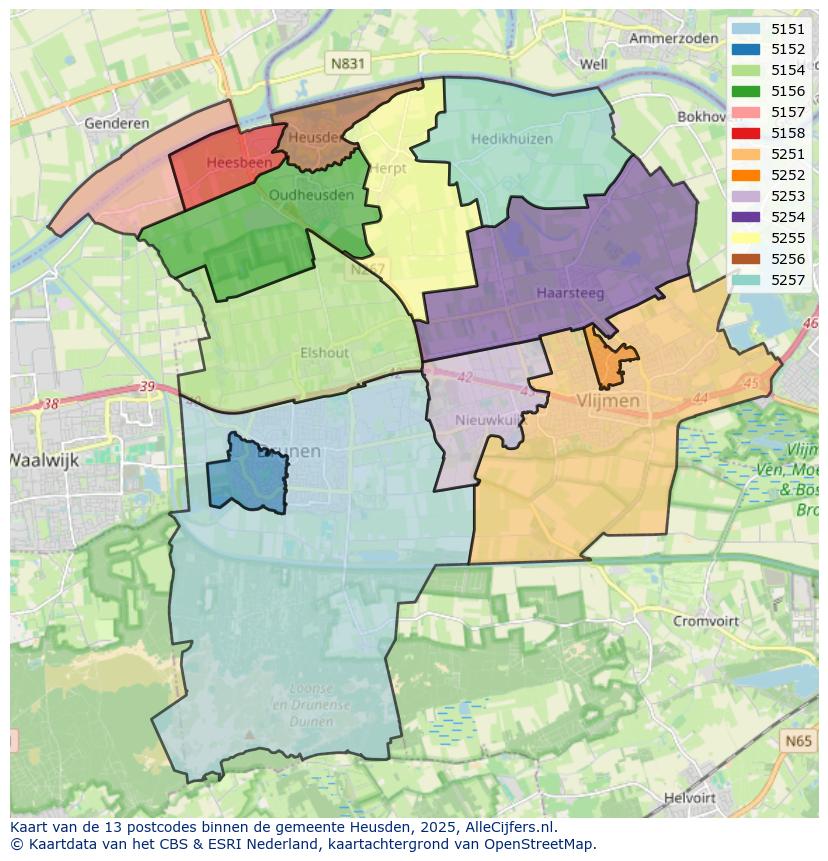 Afbeelding van de postcodes in de gemeente Heusden op de kaart.