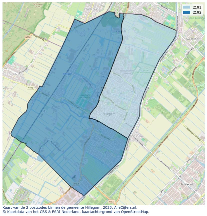 Afbeelding van de postcodes in de gemeente Hillegom op de kaart.