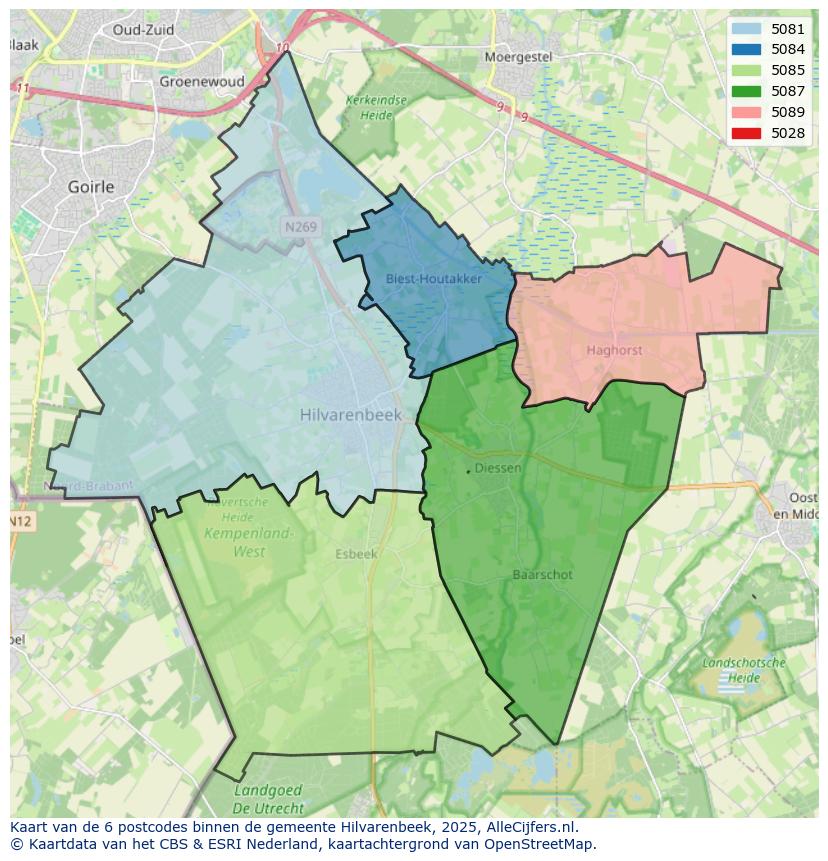 Afbeelding van de postcodes in de gemeente Hilvarenbeek op de kaart.