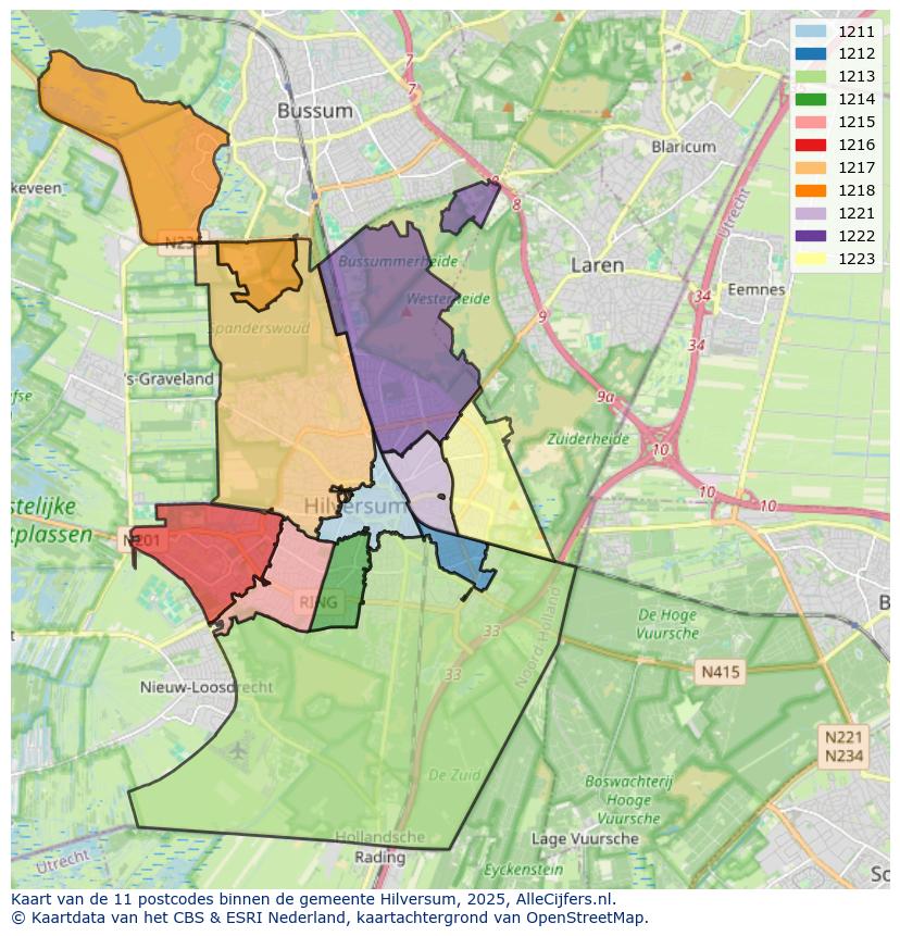 Afbeelding van de postcodes in de gemeente Hilversum op de kaart.
