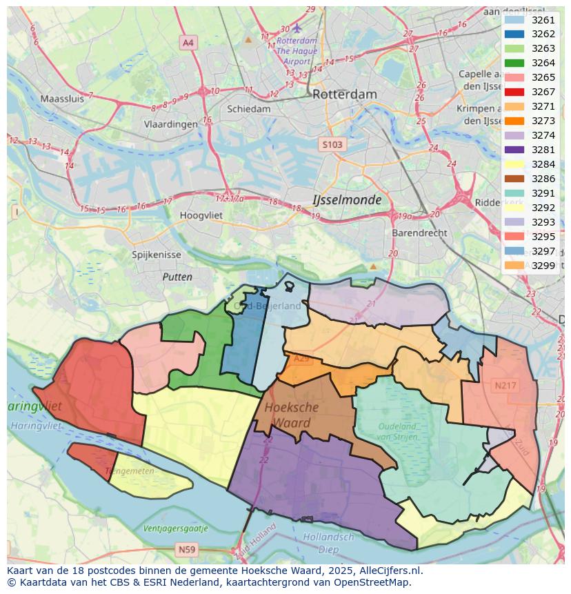 Afbeelding van de postcodes in de gemeente Hoeksche Waard op de kaart.