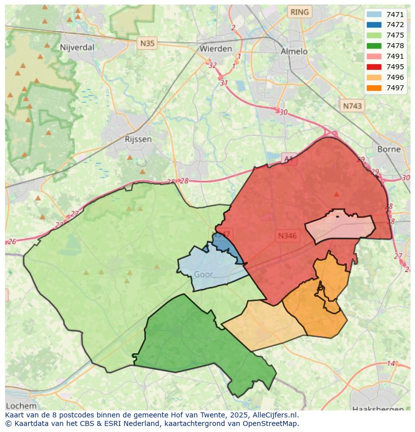Afbeelding van de postcodes in de gemeente Hof van Twente op de kaart.