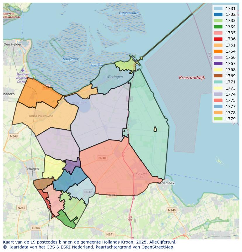 Afbeelding van de postcodes in de gemeente Hollands Kroon op de kaart.