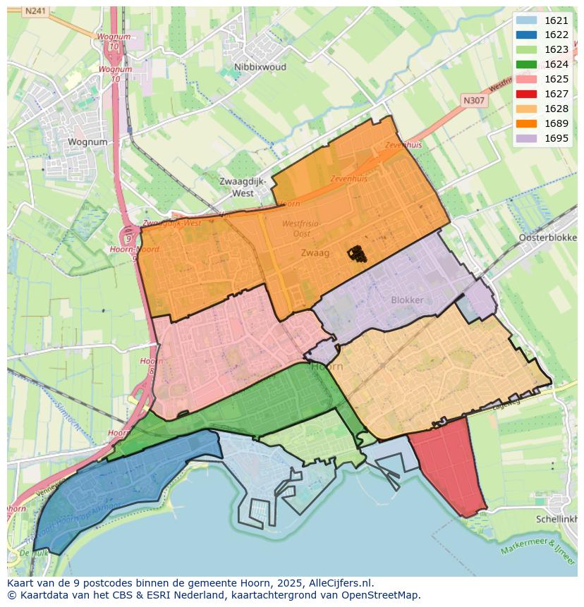 Afbeelding van de postcodes in de gemeente Hoorn op de kaart.