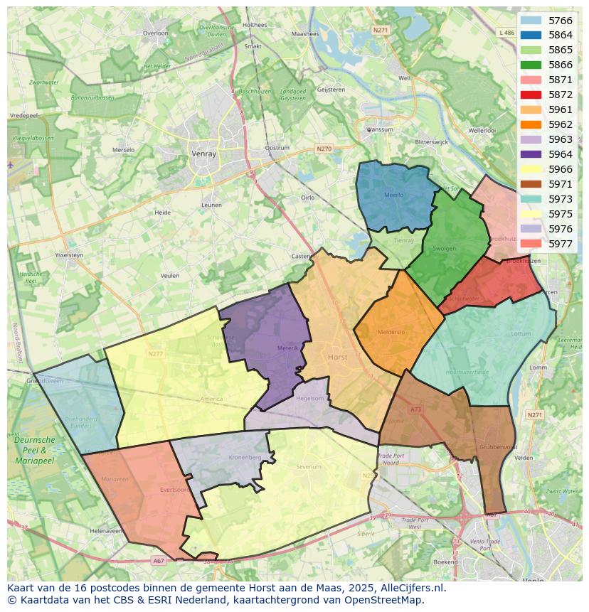 Afbeelding van de postcodes in de gemeente Horst aan de Maas op de kaart.