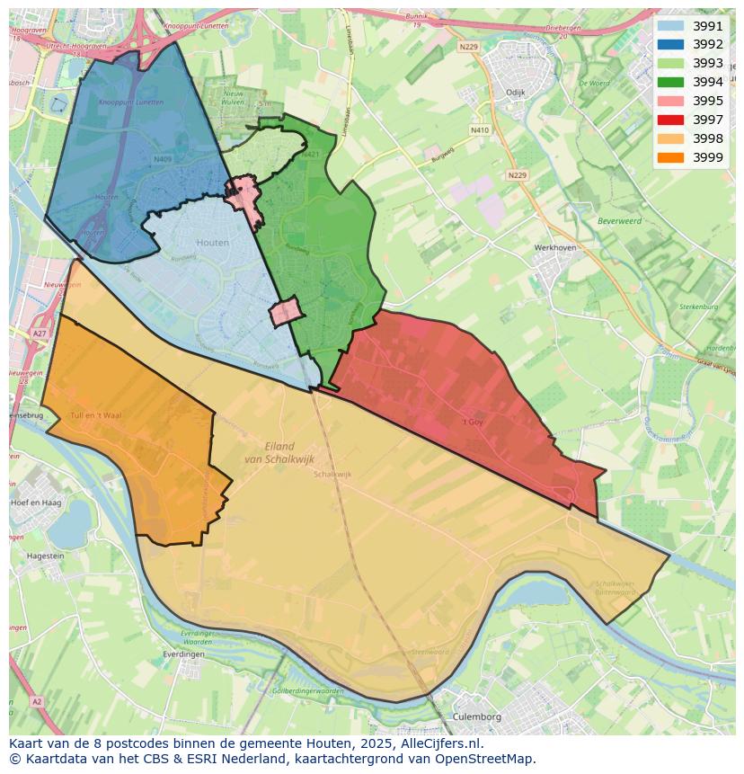 Afbeelding van de postcodes in de gemeente Houten op de kaart.
