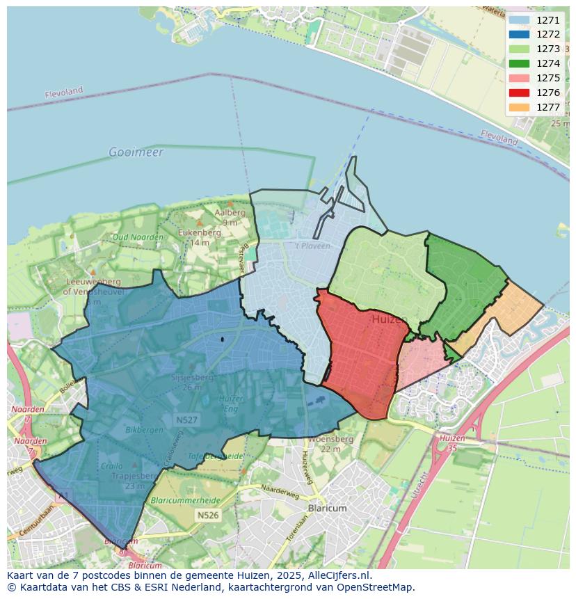Afbeelding van de postcodes in de gemeente Huizen op de kaart.