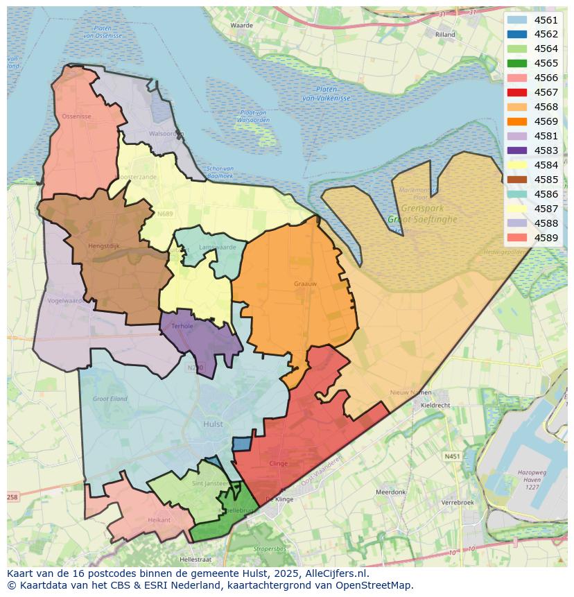 Afbeelding van de postcodes in de gemeente Hulst op de kaart.