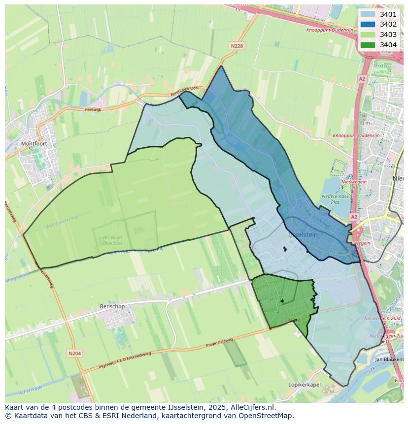 Afbeelding van de postcodes in de gemeente IJsselstein op de kaart.