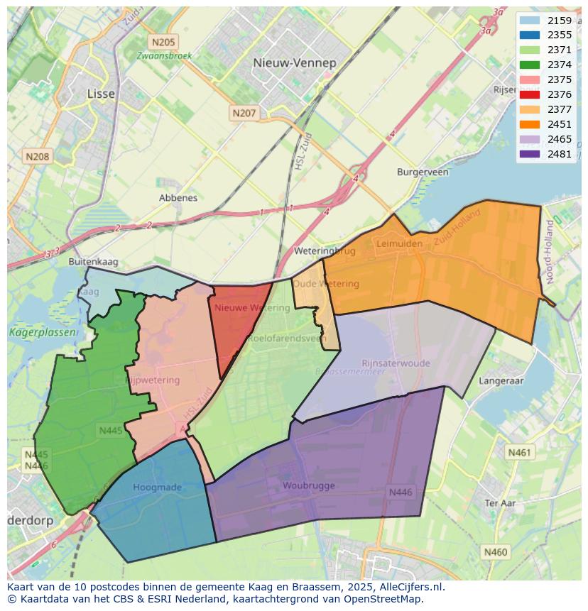 Afbeelding van de postcodes in de gemeente Kaag en Braassem op de kaart.