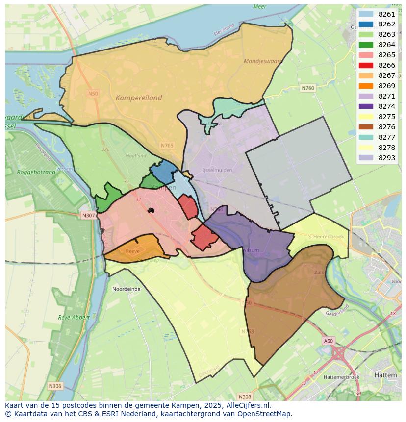 Afbeelding van de postcodes in de gemeente Kampen op de kaart.