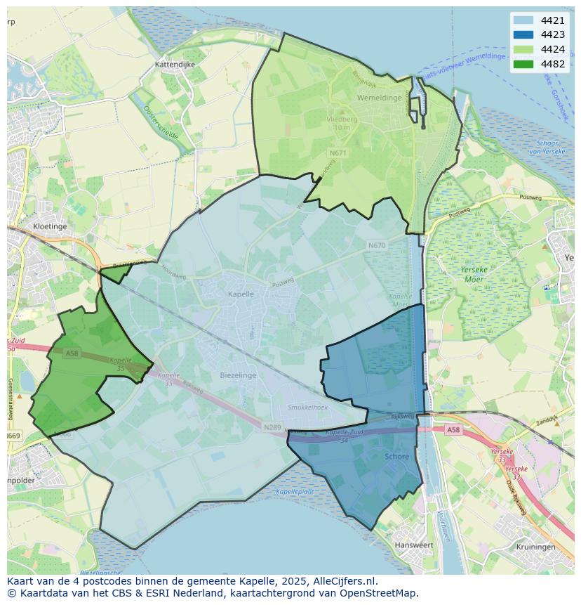 Afbeelding van de postcodes in de gemeente Kapelle op de kaart.