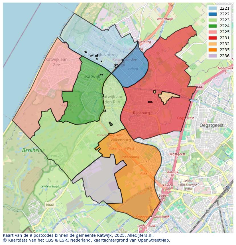 Afbeelding van de postcodes in de gemeente Katwijk op de kaart.