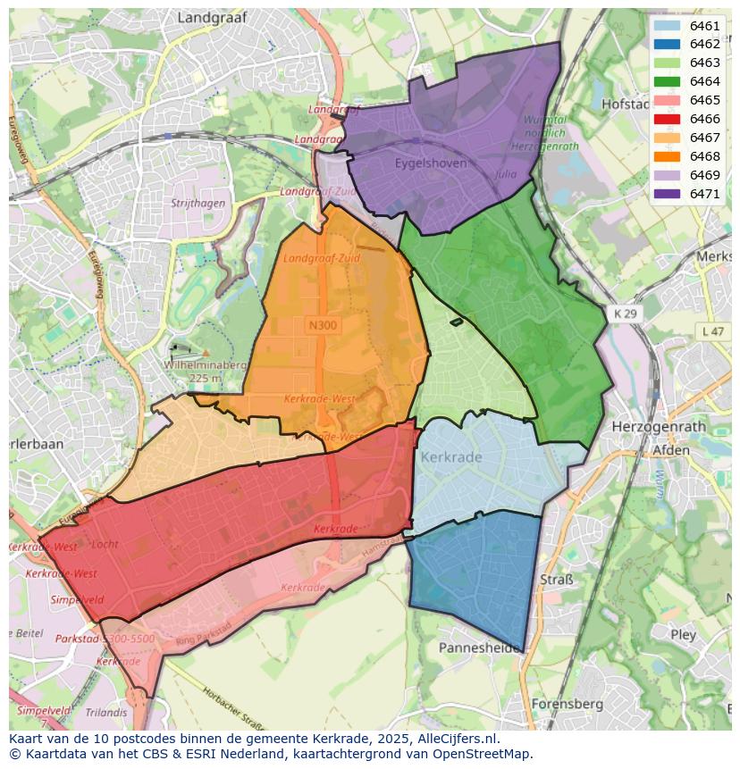 Afbeelding van de postcodes in de gemeente Kerkrade op de kaart.