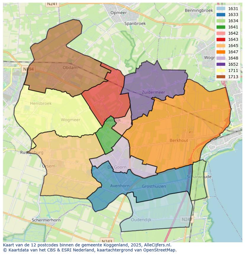 Afbeelding van de postcodes in de gemeente Koggenland op de kaart.