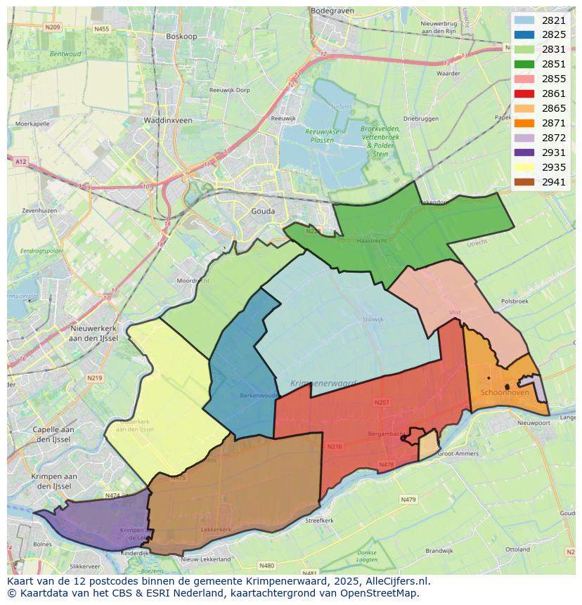 Afbeelding van de postcodes in de gemeente Krimpenerwaard op de kaart.
