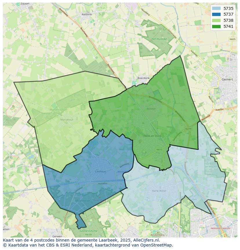 Afbeelding van de postcodes in de gemeente Laarbeek op de kaart.