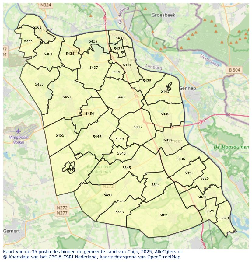 Afbeelding van de postcodes in de gemeente Land van Cuijk op de kaart.