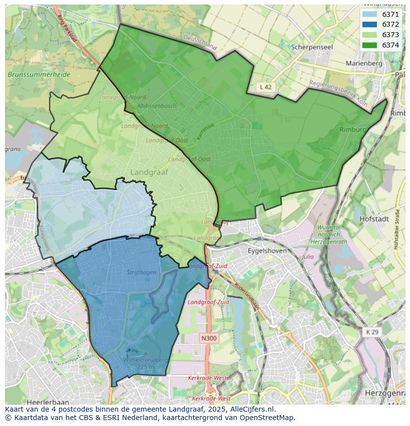 Afbeelding van de postcodes in de gemeente Landgraaf op de kaart.