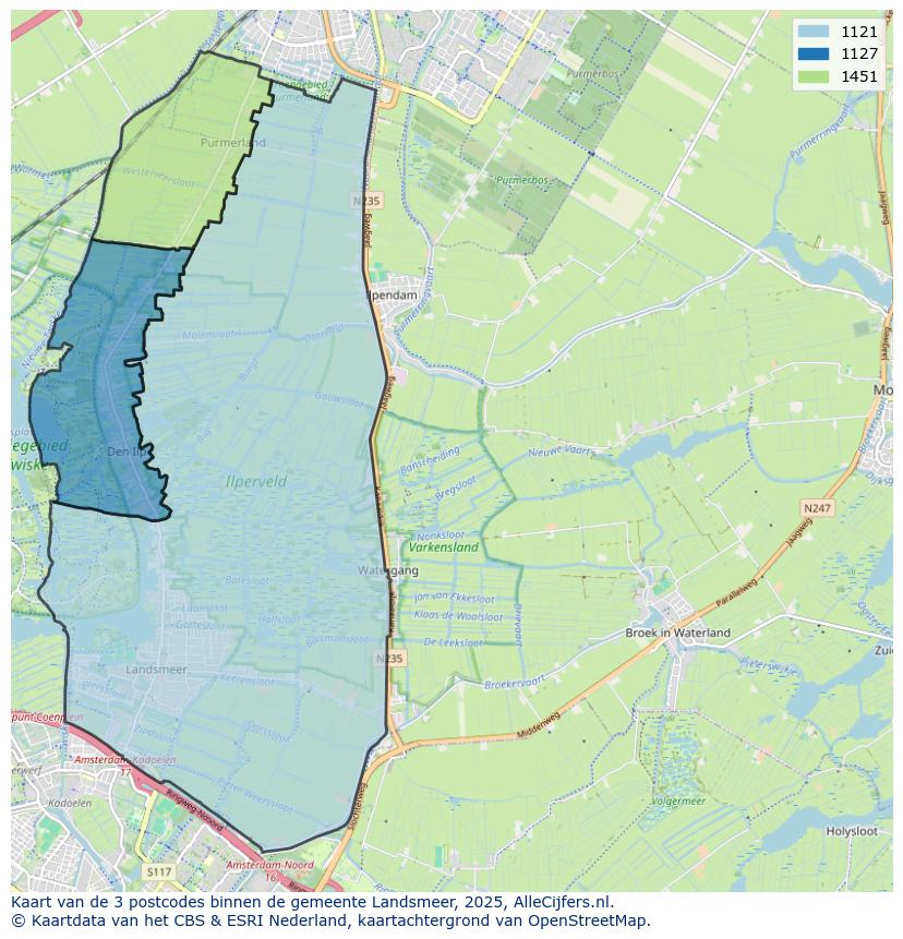 Afbeelding van de postcodes in de gemeente Landsmeer op de kaart.
