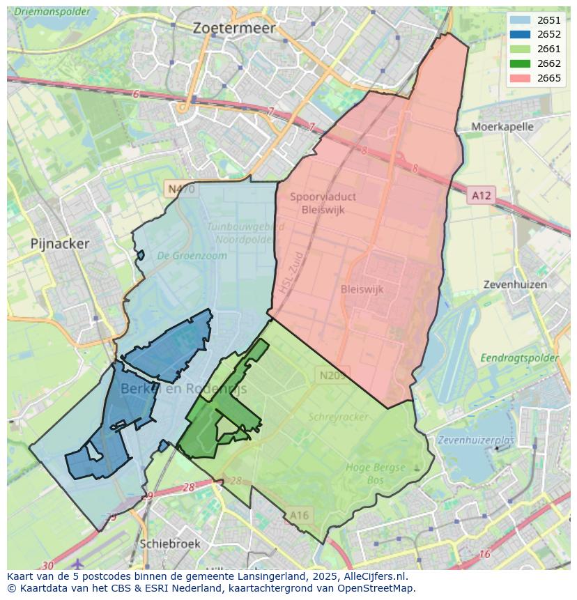 Afbeelding van de postcodes in de gemeente Lansingerland op de kaart.