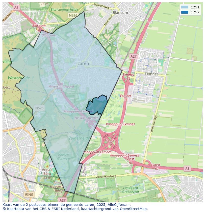Afbeelding van de postcodes in de gemeente Laren op de kaart.