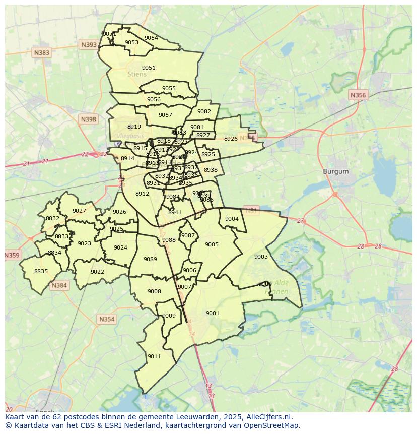 Afbeelding van de postcodes in de gemeente Leeuwarden op de kaart.
