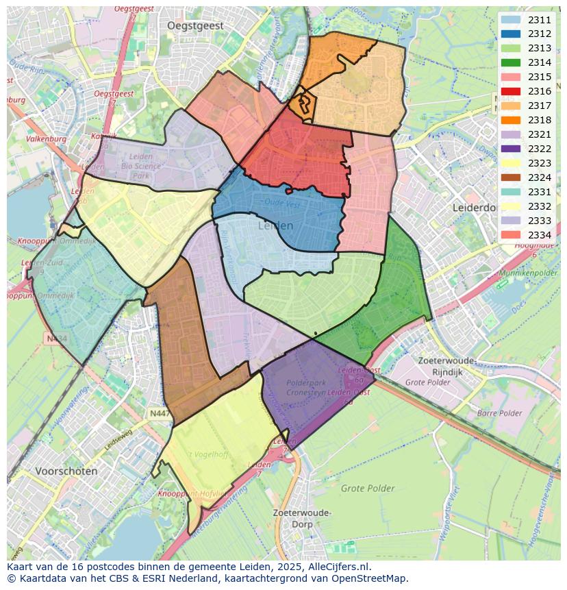 Afbeelding van de postcodes in de gemeente Leiden op de kaart.
