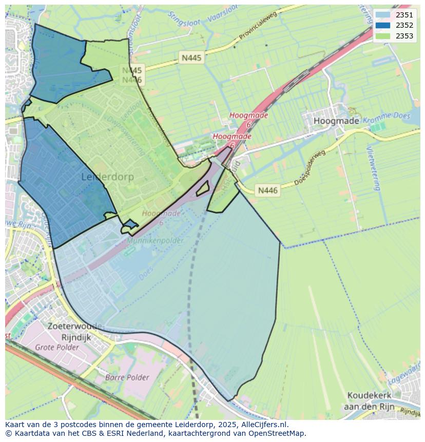 Afbeelding van de postcodes in de gemeente Leiderdorp op de kaart.