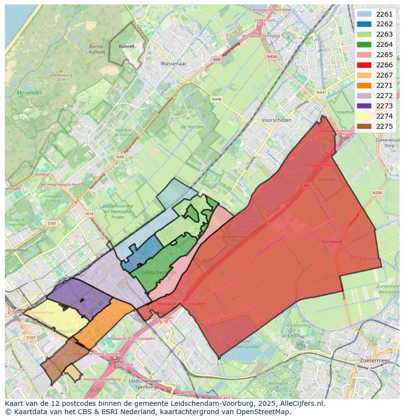 Afbeelding van de postcodes in de gemeente Leidschendam-Voorburg op de kaart.