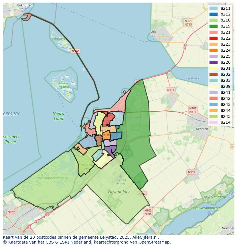 Afbeelding van de postcodes in de gemeente Lelystad op de kaart.