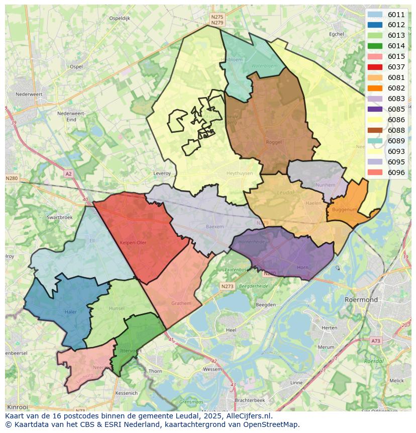 Afbeelding van de postcodes in de gemeente Leudal op de kaart.