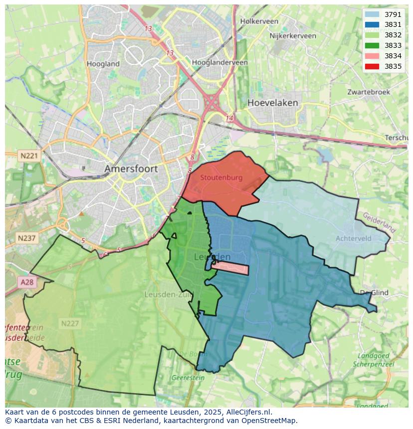 Afbeelding van de postcodes in de gemeente Leusden op de kaart.