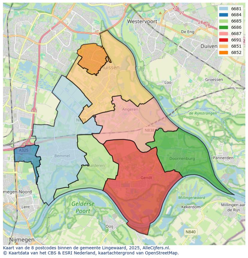 Afbeelding van de postcodes in de gemeente Lingewaard op de kaart.