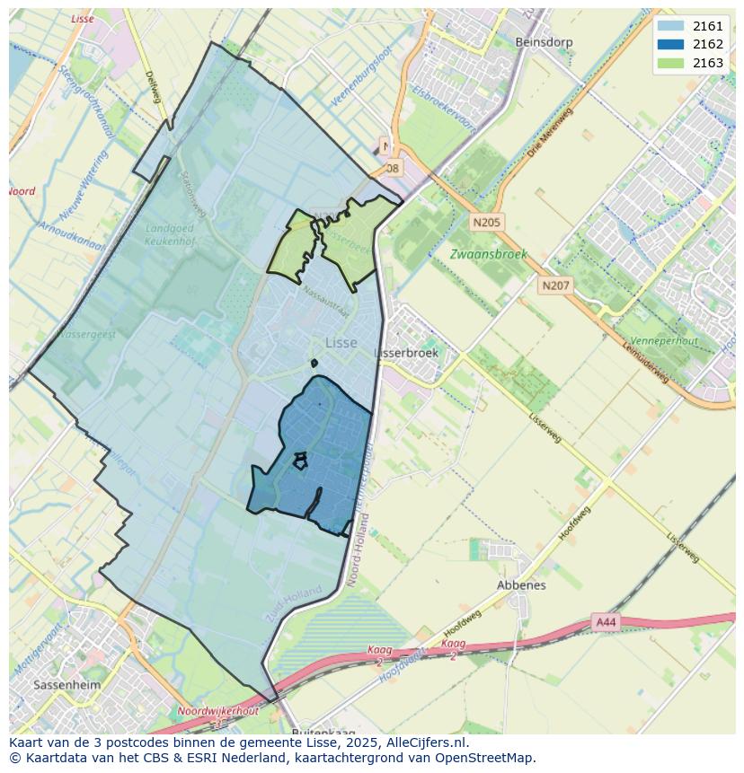 Afbeelding van de postcodes in de gemeente Lisse op de kaart.