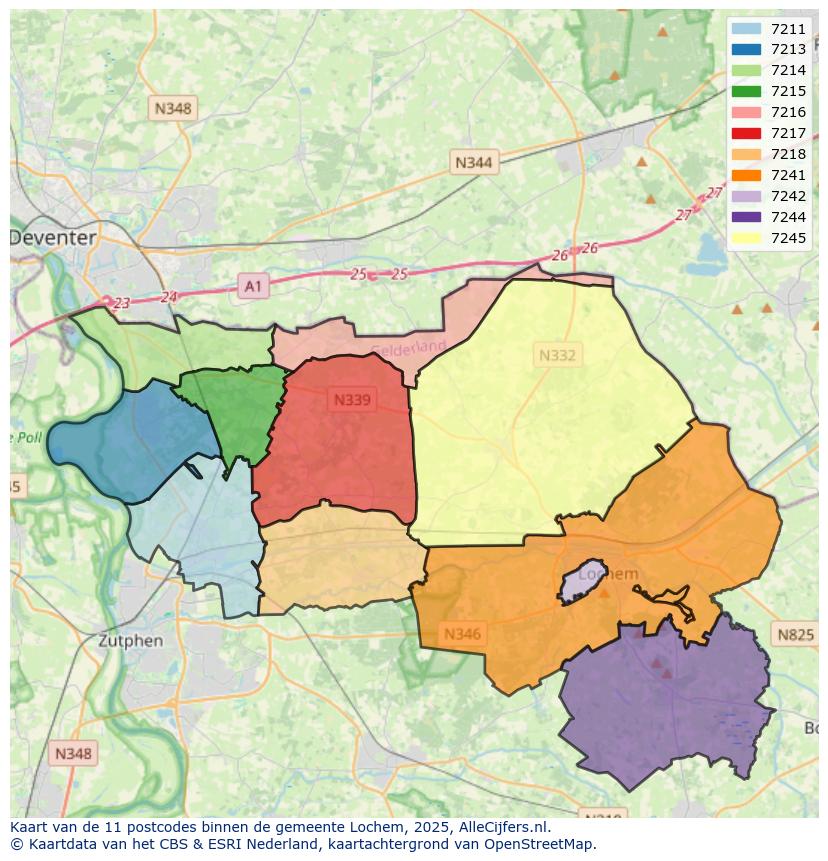 Afbeelding van de postcodes in de gemeente Lochem op de kaart.