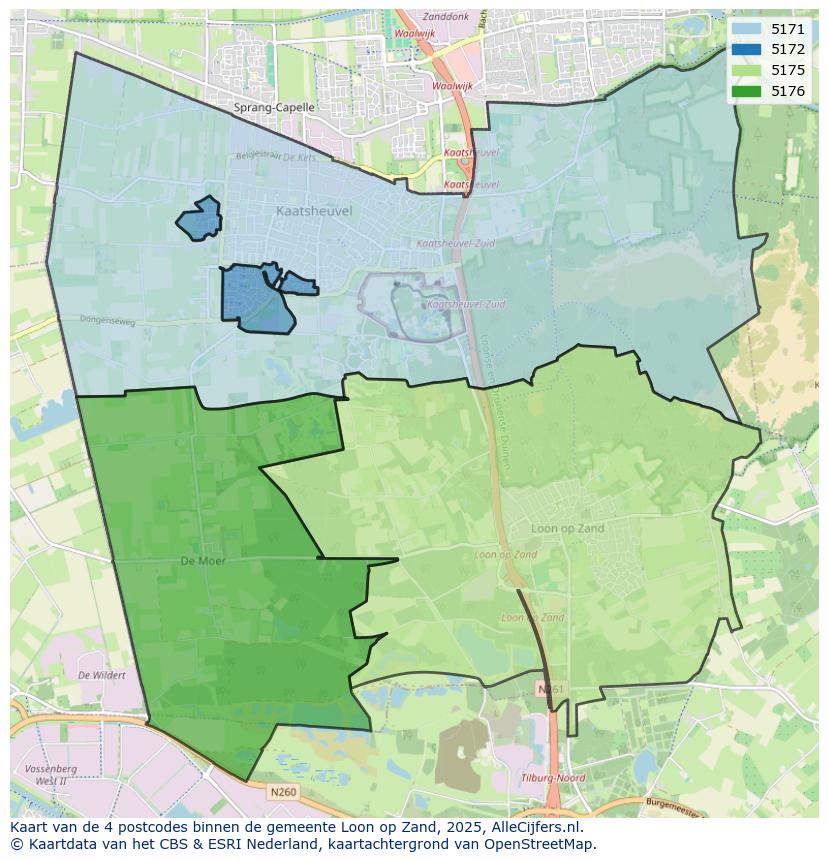 Afbeelding van de postcodes in de gemeente Loon op Zand op de kaart.