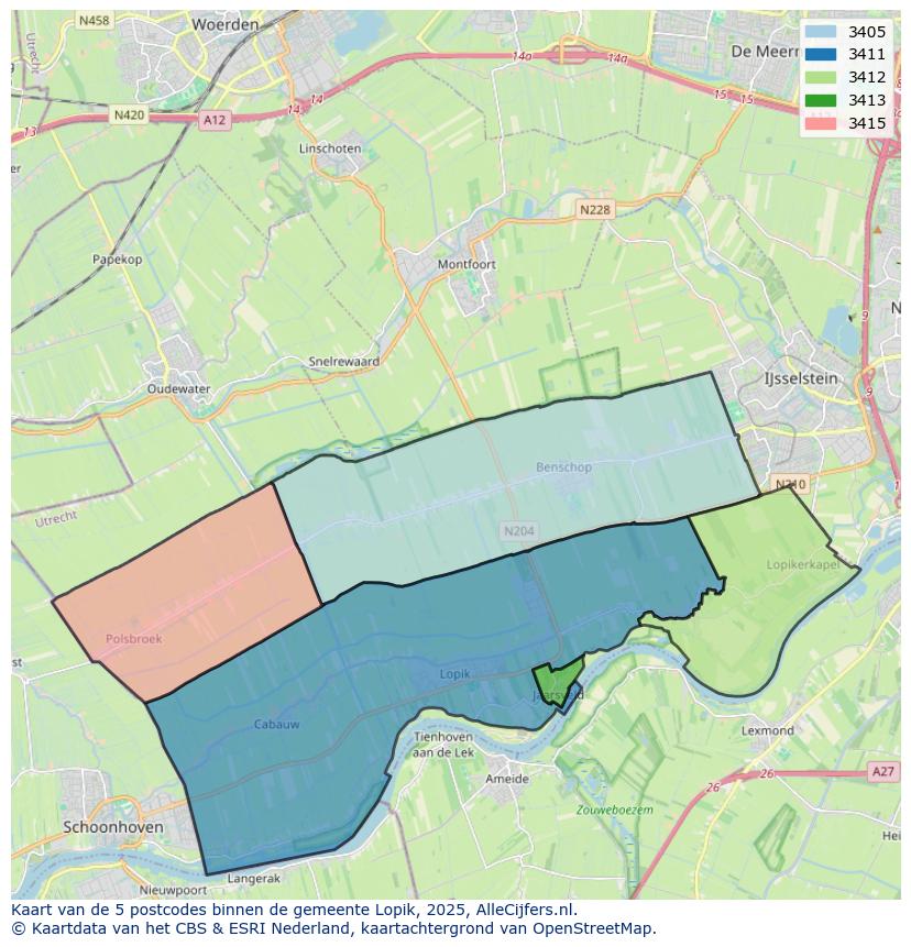 Afbeelding van de postcodes in de gemeente Lopik op de kaart.