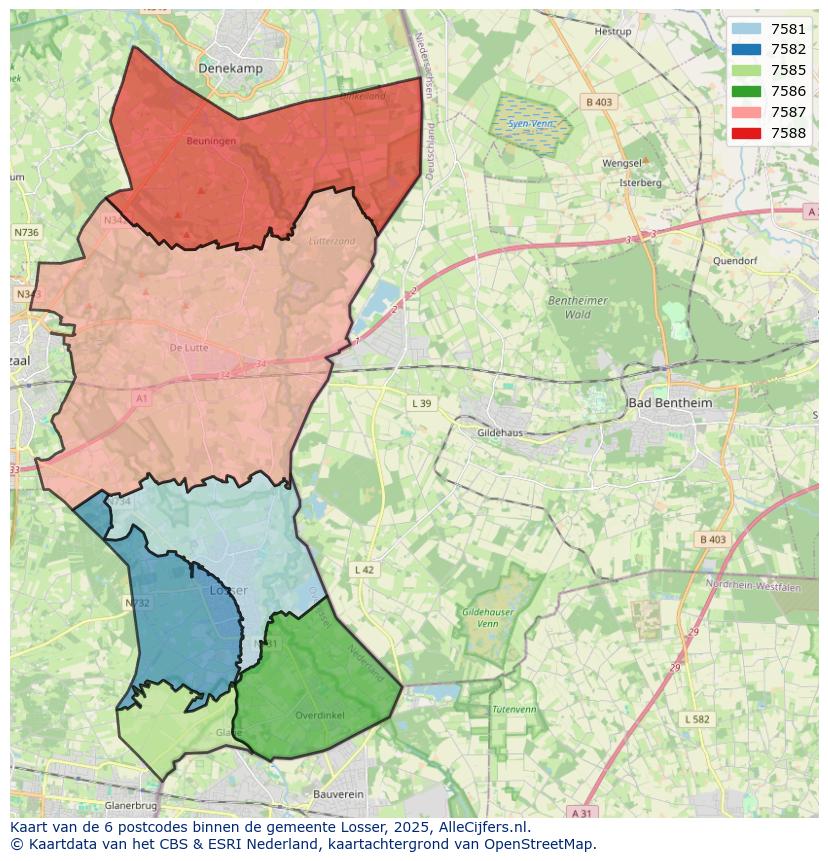 Afbeelding van de postcodes in de gemeente Losser op de kaart.