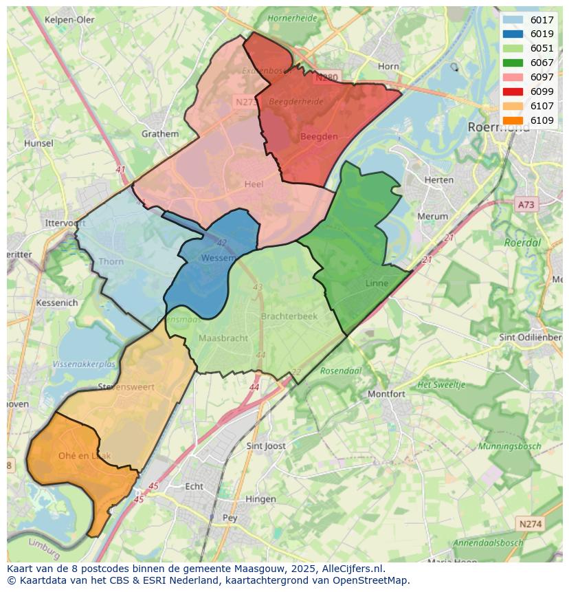 Afbeelding van de postcodes in de gemeente Maasgouw op de kaart.