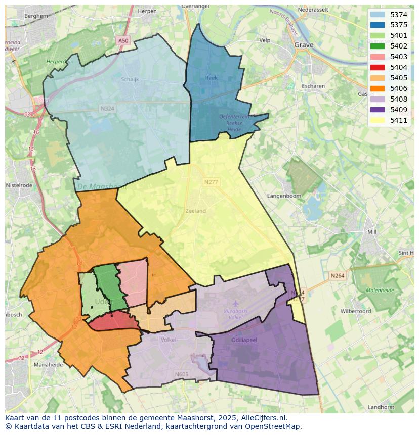 Afbeelding van de postcodes in de gemeente Maashorst op de kaart.