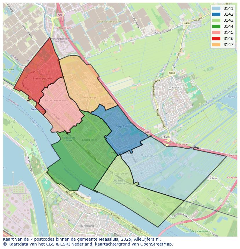 Afbeelding van de postcodes in de gemeente Maassluis op de kaart.