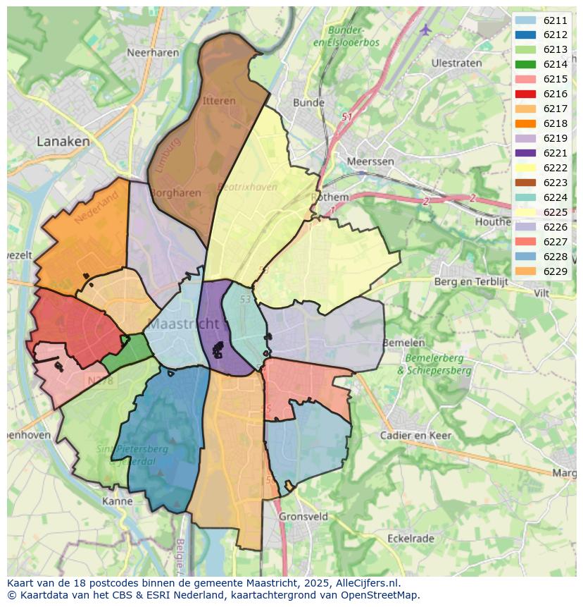 Afbeelding van de postcodes in de gemeente Maastricht op de kaart.