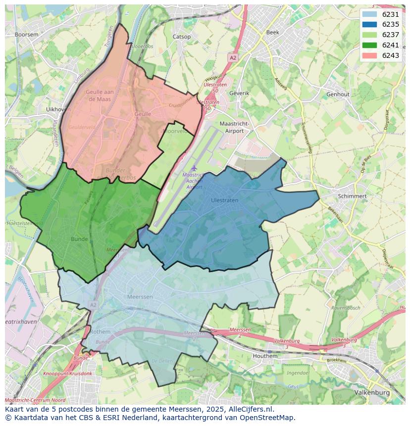 Afbeelding van de postcodes in de gemeente Meerssen op de kaart.