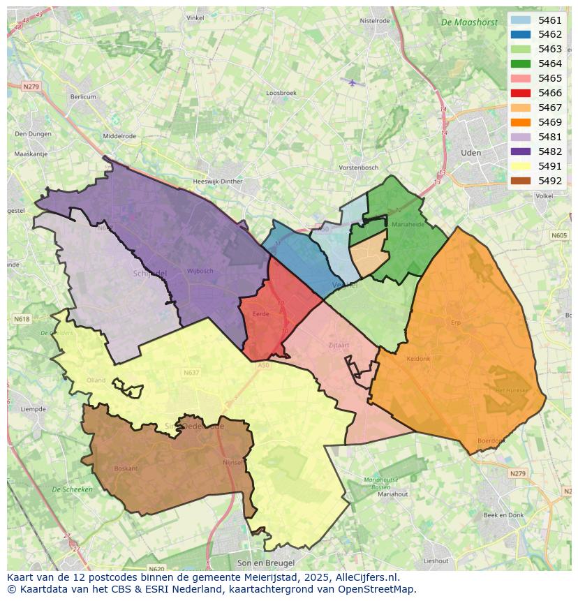 Afbeelding van de postcodes in de gemeente Meierijstad op de kaart.