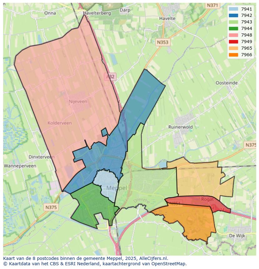 Afbeelding van de postcodes in de gemeente Meppel op de kaart.