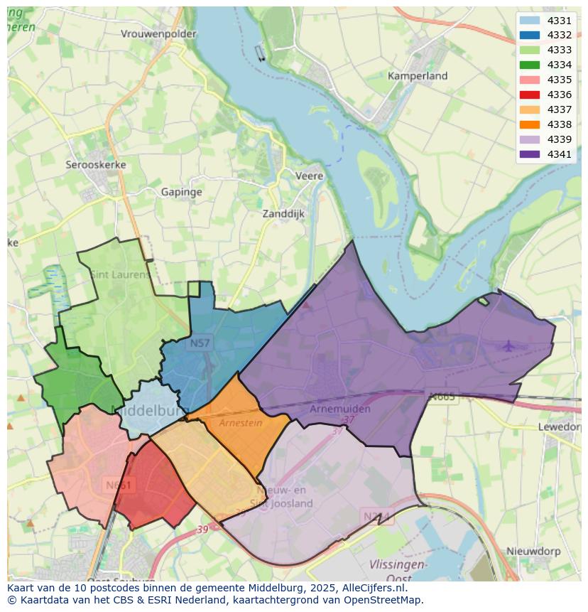 Afbeelding van de postcodes in de gemeente Middelburg op de kaart.