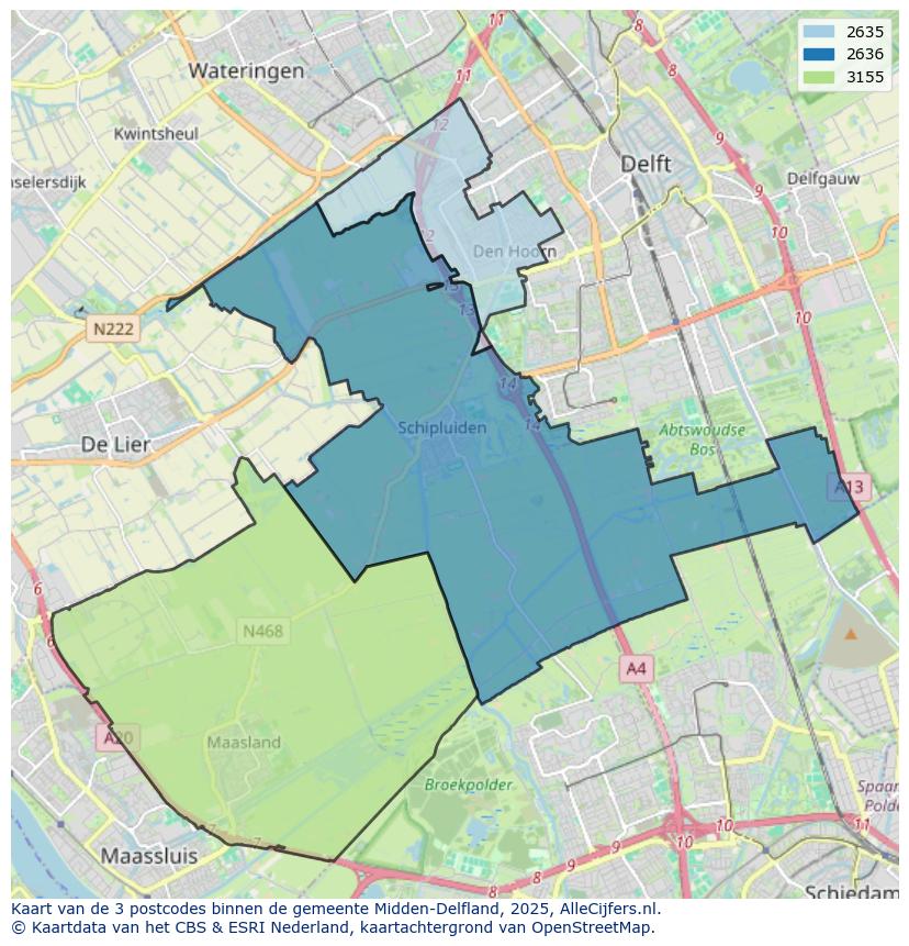 Afbeelding van de postcodes in de gemeente Midden-Delfland op de kaart.